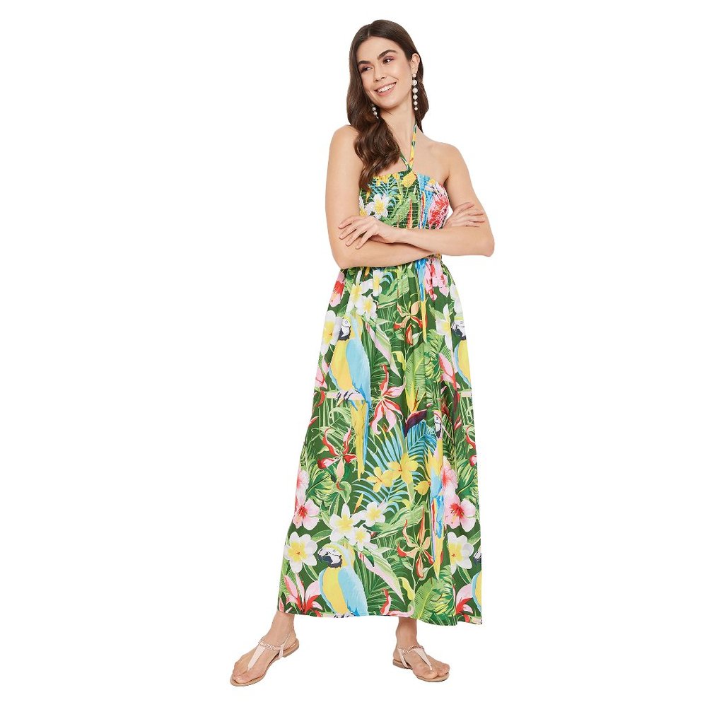 Leaf Print Green Polyester Tube Dress for Women - Picture 2 of 6